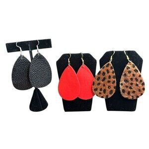lot 3 earrings dangle Black Red fuzzy Animal Print Teardrop BoHo artsy